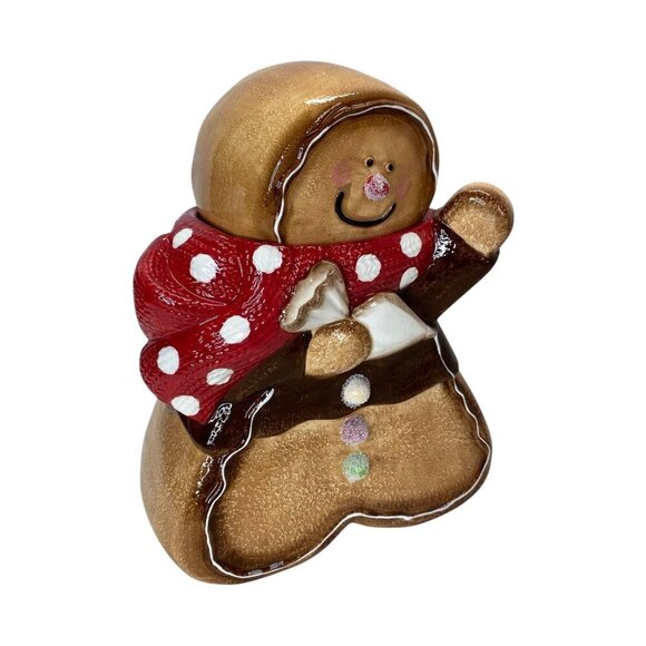 Cracker Barrel Gingerbread Man Ceramic Cookie Jar Polka Scarf Christmas Holiday - Picture 2 of 9